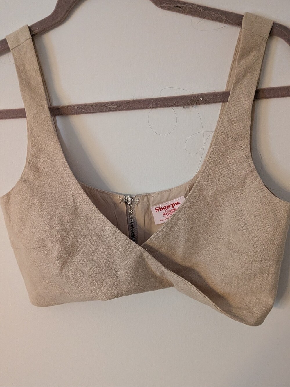 Showpo Beige Linen Crossover Crop Top V-Neck Wrap Front Back Zipper